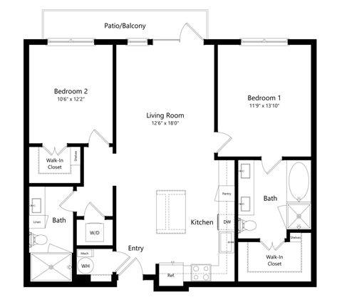 Floor plan for 2 beds, 2 baths, 1080 sqft